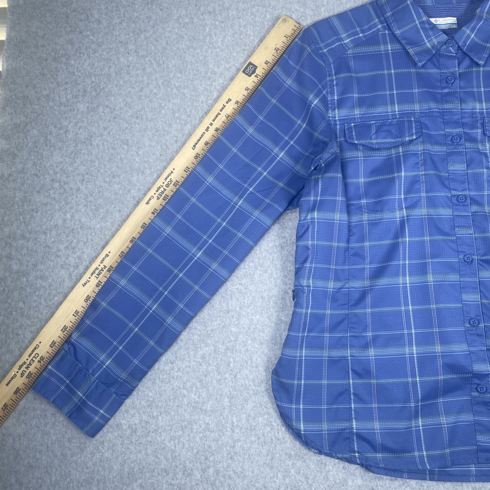 Columbia Button Down Shirt Womens Large Blue Plaid Omni-Shade Long Sleeve Hiking - Picture 12 of 15